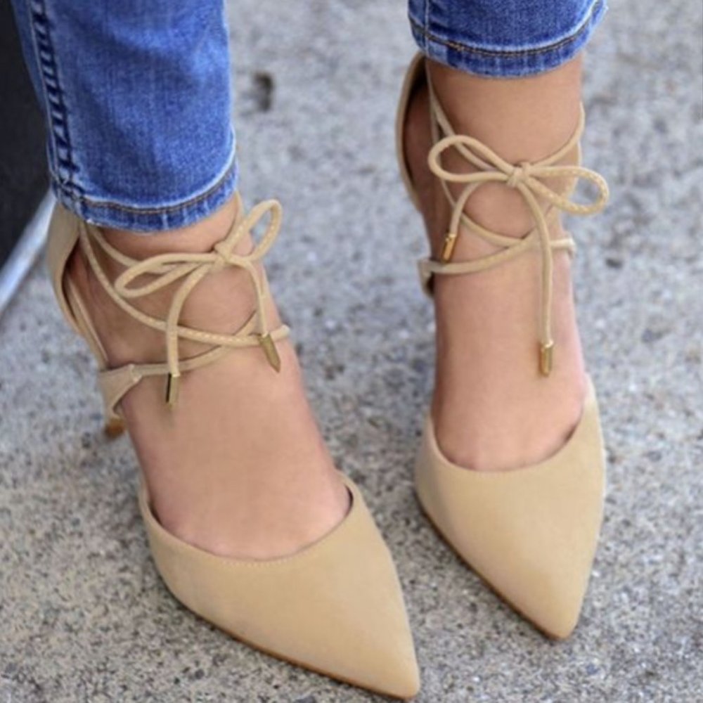 Lulus Dani nude suede ankle tie lace up heels 7.5
